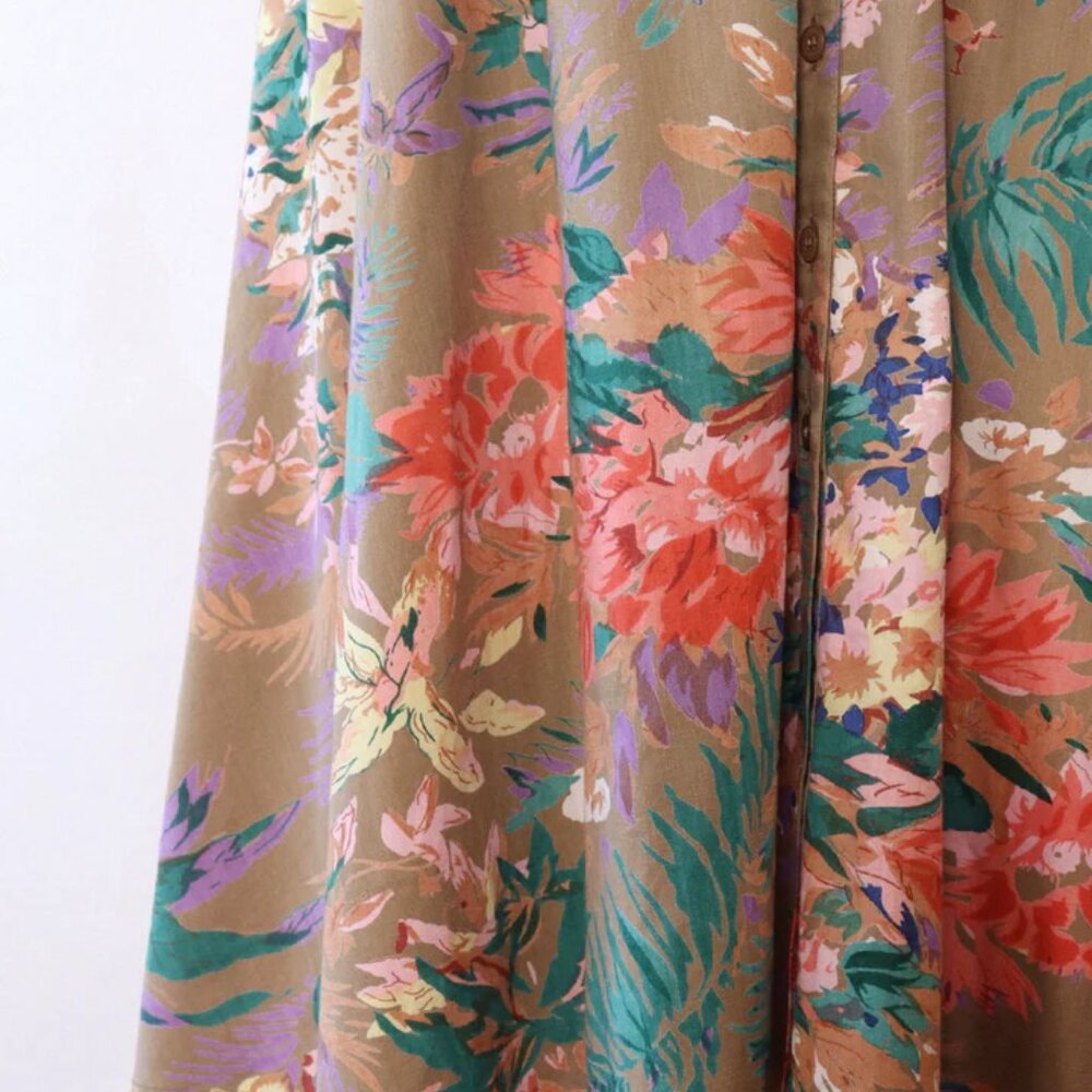 Vintage 1980s/1990s Tan Tropical Floral Belted Midi Dress Small/Medium - Picture 7 of 8